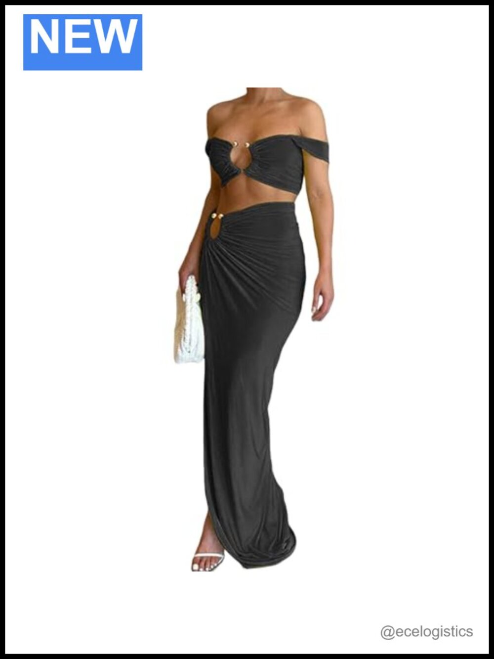 2 Piece Maxi Skirt Set O-Ring Hollow Out Off Shoulder Crop Top High Slit